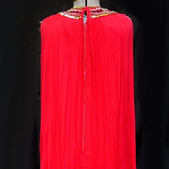 VTG 60's 70's Red Chiffon Trapeze A-Line Dress Beaded Neckline XS/S Twiggy Style - Picture 10 of 11